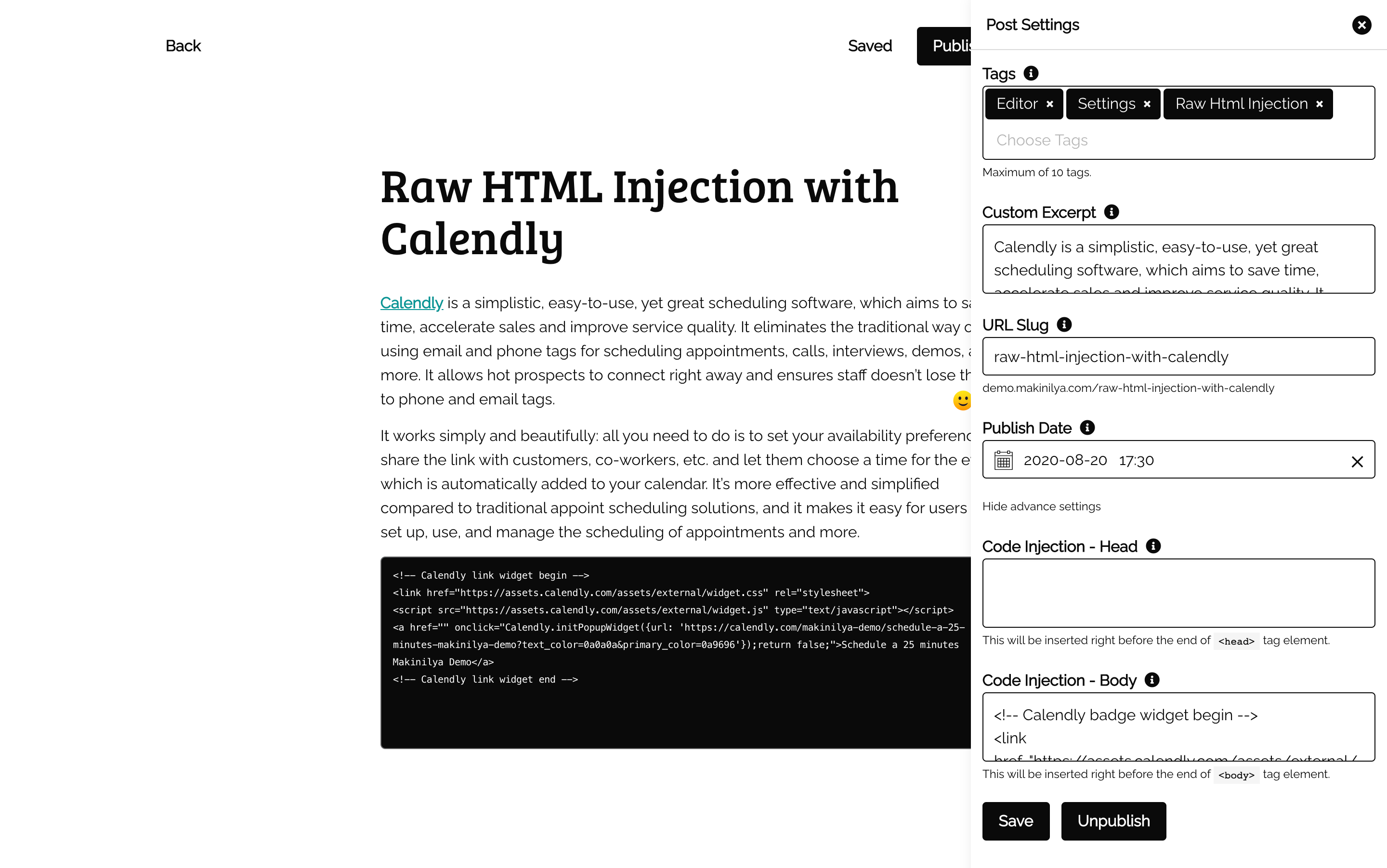 Raw HTML Injection with Calendly