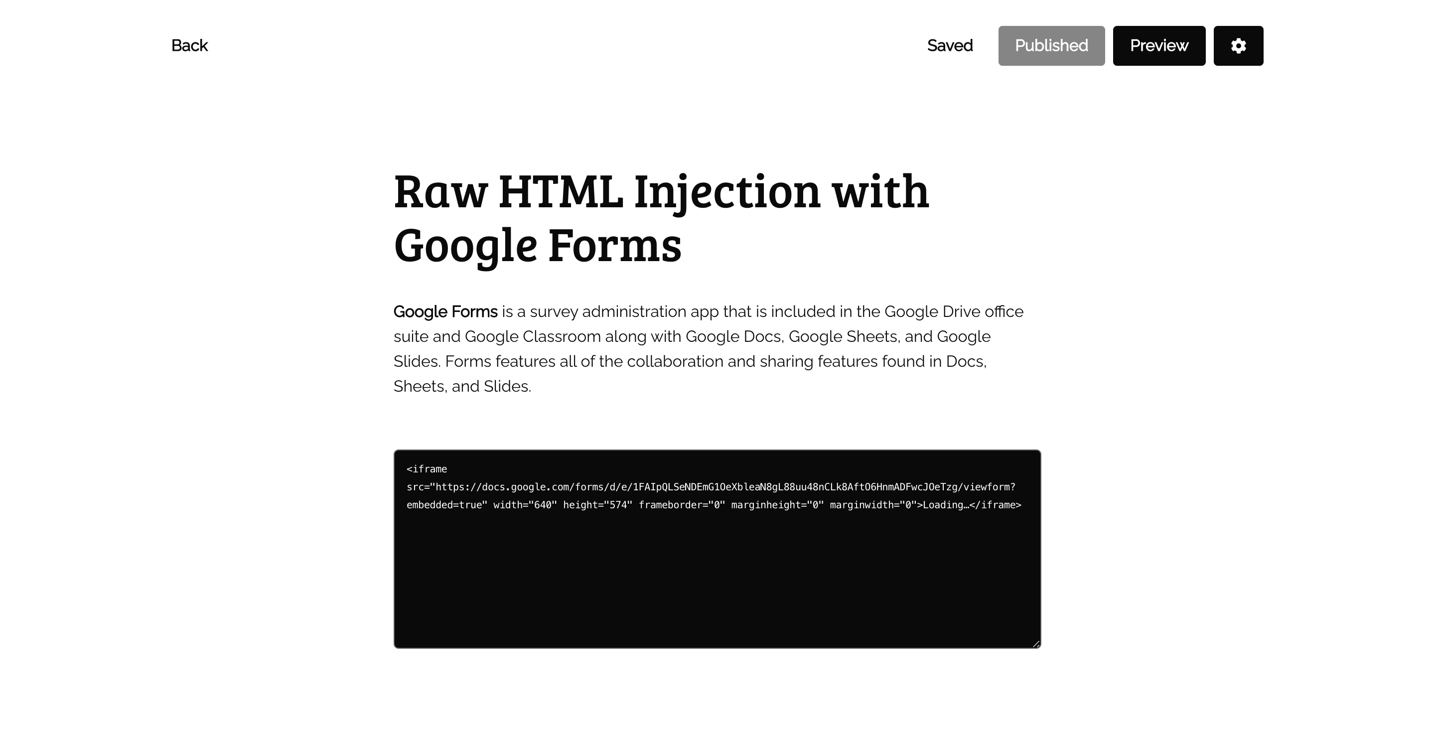 Raw HTML Injection with Google Forms